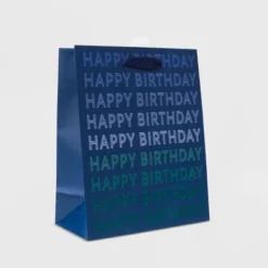 Cub 'Happy Birthday' Bag Navy - Spritz™: Blue Paper Gift Bag, 9.75" H X 7.75" W X 4" D, Typography Pattern