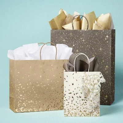 Gold Foil Dots And Stars Black Jumbo Gift Bag - Spritz™: Large Paper Bag For All Occasions, 19.25" X 16" X 6" 1 Gold Foil Dots And Stars Black Jumbo Gift Bag - Spritz™: Large Paper Bag For All Occasions, 19.25" X 16" X 6"