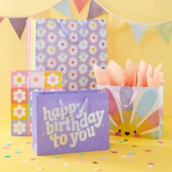 Daisy Checkers Medium Birthday Gift Bag - Spritz™: Floral Multicolor Pastels, Botanical Pattern, Girl's Birthday Bag