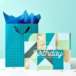 Large Birthday Gift Bag With Tissue Grid - Spritzā¢: Stripe Pattern, Black & Teal Blue, 12.75" X 10" X 5"