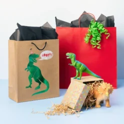 Medium Gift Bag Birthday T-Rex Hooray - Spritz™: Dinosaur Party Bag, Multicolor, 12.75" X 10" X 5"