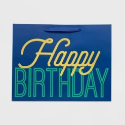 Vogue 'Happy Birthday' Bag Navy - Spritz™: Large Blue Paper Gift Bag, Solid Typography, 10x12.75x5
