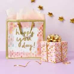 Large Happy You Day Watercolor Gift Bag - Spritzā¢: Multicolor Birthday Typography, 15"x15"x8"