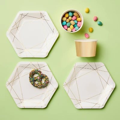 10ct Geo Print Hex Snack Plates Gold White - Spritz™ 1 10ct Geo Print Hex Snack Plates Gold White - Spritz™